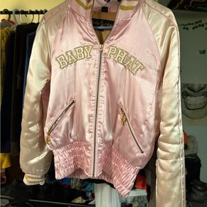 Baby Phat Light Pink Satin Varsity Jacket with Gold Trim